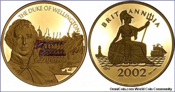 Duke of Wellington & Britannia Gold Medal
A large gold medallion issued in 2002 for the 150th anniversary of the Duke of Wellington, with an amazingly cartoon-like Britannia on the reverse. 65mms diameter, 155.5 grams of .9999 gold = 4.9980 troy ounces AGW.