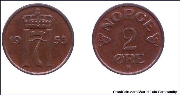 Norway, 2 öre, 1953, Bronze, Monogram of King Haakon VII.                                                                                                                                                                                                                                                                                                                                                                                                                                                           