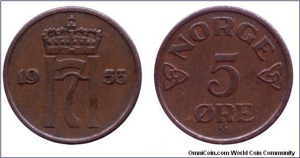 Norway, 5 öre, 1953, Bronze, Monogram of King Haakon VII.                                                                                                                                                                                                                                                                                                                                                                                                                                                           