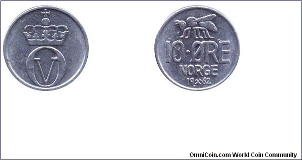 Norway, 10 öre, 1962, Cu-Ni, Bee.                                                                                                                                                                                                                                                                                                                                                                                                                                                                                   