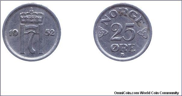 Norway, 25 öre, 1952, Cu-Ni, Monogram of King Haakon VII.                                                                                                                                                                                                                                                                                                                                                                                                                                                           