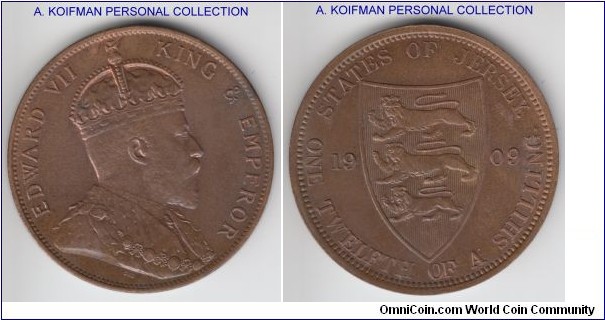 KM-10, 1909 Jersey 1/12 of a shilling; bronze, plain edge; uncirculated with very nice patina not showing on the scan.