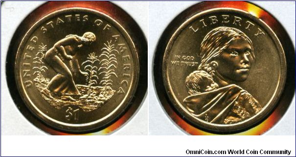 2009p
$1
2009 Native American 
Native American woman planting seeds in a field of corn, beans and squash
Sacagawea 3/4 profile with Jean Baptiste, her infant son on her back