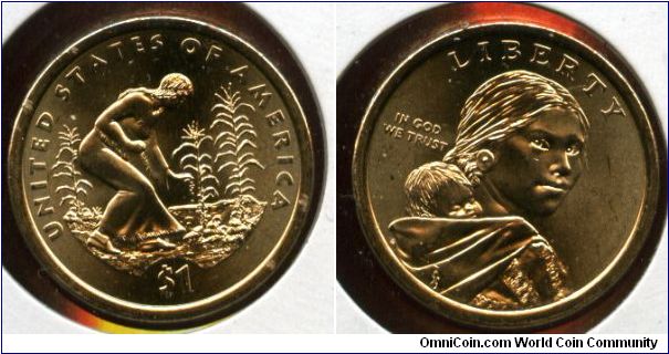 2009d
$1
2009 Native American 
Native American woman planting seeds in a field of corn, beans and squash
Sacagawea 3/4 profile with Jean Baptiste, her infant son on her back