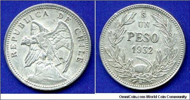 1 Peso.
Republica de Chile.
Last silver Peso of Chile.
'So'- Santiago mint.
Mintage 4,000,000 units.


Ag400f. 6,0gr.
