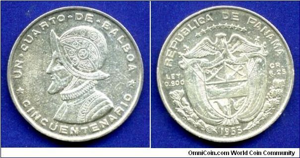 1/4 Balboa.
50-th anniversary of the Republica De Panama.


Ag900f. 6,25gr.