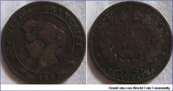 a Very good example of a 5 centimes from the 3rd republic there are many worse
