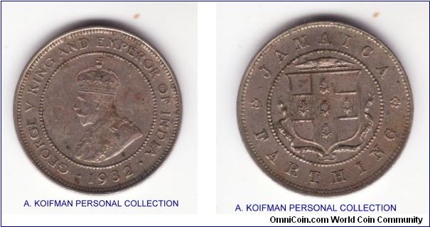 KM-24, 1932 Jamaica farthing; tough copper nickel coin, extra fine for wear but as typical with early copper nickel dirty and spotted;