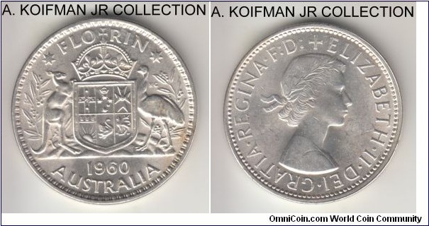 KM-60, 1960 Australia florin, Melbourne mint (no mint mark); silver, reeded edge; late Elizabeth II silver coinage, bright white choice uncirculated.