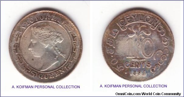 KM-94, 1894 Ceylon 10 cents; small silver reeded edge coin; hard to judge condition, but somewhere between very fine and extra fine, may have been cleaned in the past; interesting toning.