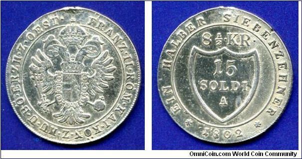 8-1/2 kreuzer / 15 soldi (1/2 siebenzehner - 17 kreuzer, 3/4 Lire).
Austrian Gorizia.
Francisc II (1792-1806) Emperor of Holy Roman empire.
'A'- Vienna mint.


Ag.