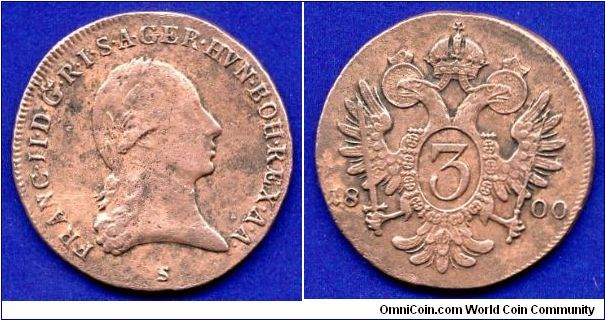 3 kreuzer.
Francisc II (1792-1806) Emperor of Holy Roman empire.
'S'- Schmolnitz mint.


Cu.