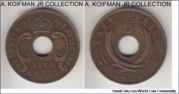 KM-18, 1925 East Africa 5 cents, Royal Mint (no mint mark); bronze, plain edge; early George V, nice brown glossy coin, good very fine to about extra fine.