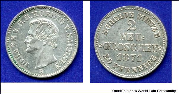 2 neu-groschen / 20 pfennige.
Saxony.
Iohann von Sachsen (1854-1873).
'B' - initials Gustav Julius Buschnik 1860-78.
Mintage 245,000 units.


Ag300f. 3,22gr.