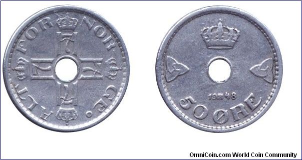 Norway, 50 öre, 1948, Cu-Ni, holed.                                                                                                                                                                                                                                                                                                                                                                                                                                                                                 