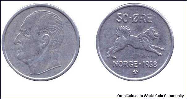 Norway, 50 öre, 1958, Cu-Ni, King Olav V, dog.                                                                                                                                                                                                                                                                                                                                                                                                                                                                      