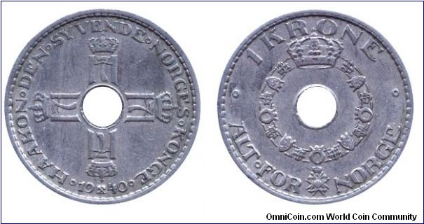 Norway, 1 krone, 1940, Cu-Ni, holed.                                                                                                                                                                                                                                                                                                                                                                                                                                                                                