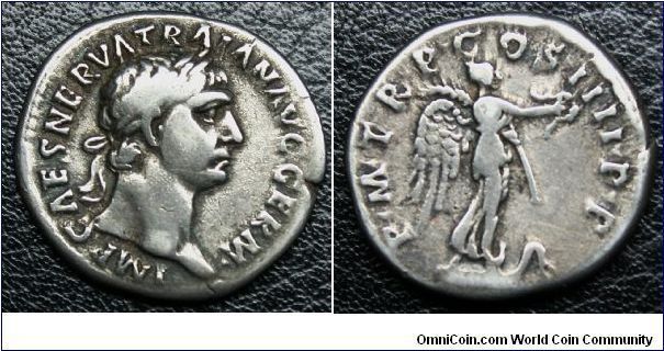 Trajan, 98-117 A.D. AR (silver) Denarius
18mm, Mint of Rome, 102 A.D.
Obv: IMP CAES NERVA TRAIAN AVG GERM. 
Laureate bust right, slight drapery on left shoulder.
Rev: P M TR P COS IIII P P. Victory standing right on prow ending in serpent, holding wreath and palm. 
RIC II 59, RSC 241.
