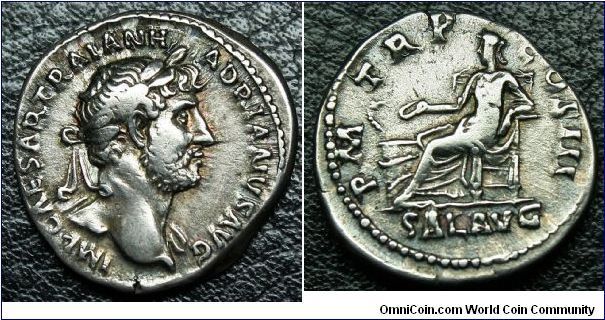 Hadrian, AR (silver) 18mm. Denarius, 119-122, Rome
IMP CAESAR TRAIAN H_ADRIANVS AVG
Laureate, drapery on left shoulder & over back, bust right,
P M TR P-COS III
Salus seated left, feeding snake coiled round altar from patera in right hand
SAL AVG in exergue.  RIC  137