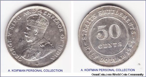 KM-35.1, Straits Settlements 50 cents; heavily cleaned and/or dipped, this made coin shiny on scans but unnatiral look; given for comparison with the previous Straits 50 cents; good very fine for actual wear.