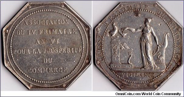 Silver jeton de presence issued for the Caisse D'escompte Commercial, the Napoleonic era pre-cursor to the Banque de France.