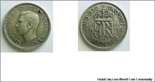 Sixpence, 
George VI,
Spink ref:4084