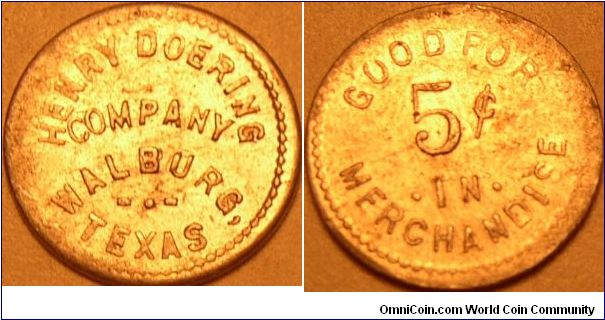 Just a guess on the date. WALBURG, TEXAS. Walburg,     Henry Doering moved to the area in 1881 and opened a general store the following year. In 1886 he added a post office and renamed the settlement after his hometown of Walburg, Germany.   
Color off actual color silver. Made of aluminum.(One more for my Texas store tokens.)