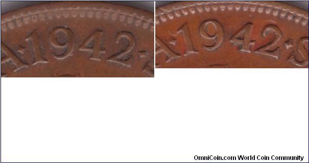 Die varieties of the position of 4 in the date for 1942 penny; Left: normal spacing between 9 and 4 and 2 (SA42H); Right: 4 is further away from 9 and is closer to 2 (SA42I); I do not post the coins themselves as they are rather regular good very fine and ebout extra fine respectively
