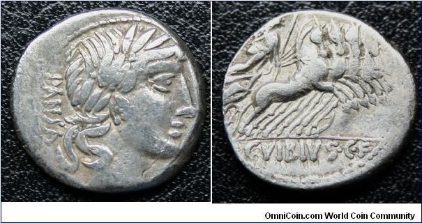 Silver denarius.
C VIBIVS CF PANSA Denarius. 90 BC. PANSA, laureate head of Apollo right/ Minerva in quadriga right, C VIBIVS CF.    Sears# 242.  18mm