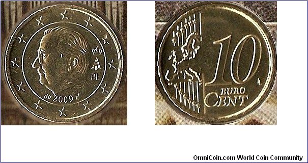 10 eurocent
same type as 2008, but with effigy of Albert II by Keustermans (as 1999-2007) instead of Luyckx (2008)