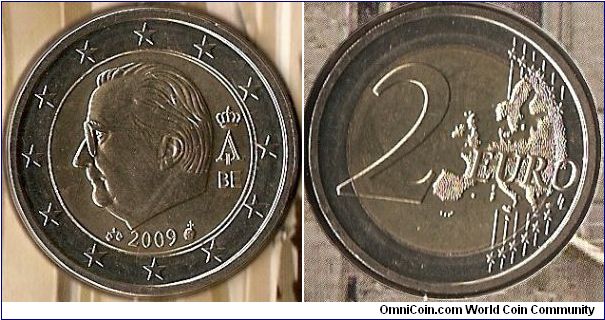 2 euro
same type as 2008, but with effigy of Albert II by Keustermans (as 1999-2007) instead of Luyckx (2008)
bimetal coin