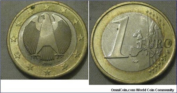 almost uncirculated 2002 1 euro from germany 367,900,000 minted A mintmark