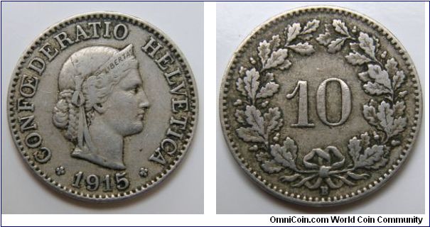 10 Rappen (Copper-Nickel) : 1879-1993
Obverse: Head of Helvetia right, LIBERTAS on headband 
 CONFOEDERATIO HELVETICA date 
Reverse: Value within wreath 
 10