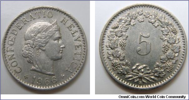 5 Rappen (Copper-Nickel) : 1879-1980
Obverse: Head of Helvetia right, LIBERTAS on headband 
 CONFOEDERATIO HELVETICA date 
Reverse: Value within wreath 
 5