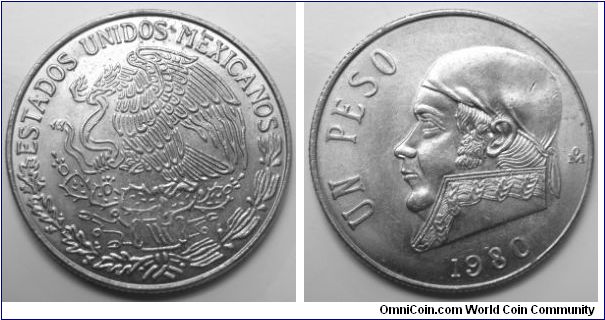 1 Peso (Copper-Nickel) : 1970-1983
Obverse: Eagle standing left on cactus, snake in beak 
 ESTADOS UNIDOS MEXICANOS 
Reverse: Jose Morelos y Pavon wearing kerchief on head left 
 UN PESO date