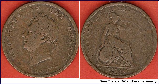 1 penny
Georgius IV Dei Gratia Brittaniar. Rex Fid. Def.
Brittannia facing right
copper