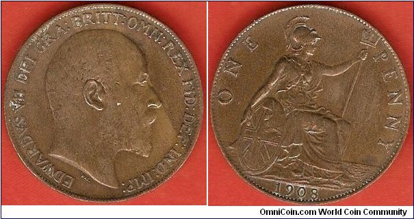 1 penny
Edwardus VII Dei Gra. Britt. Omn. Rex Fid. Def. Ind. Imp.
Brittannia facing right
bronze