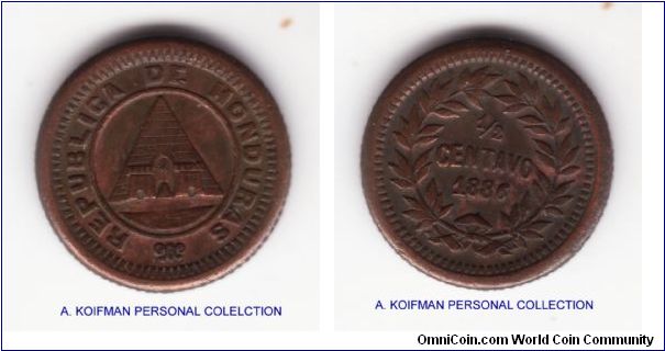 KM-45, 1886 Honduras 1/2 centavo; early decimal, tiny bronze coin; small reeded edge; condition wise probably about to good extra fine, I have little experience with these coins; mintage 97,000