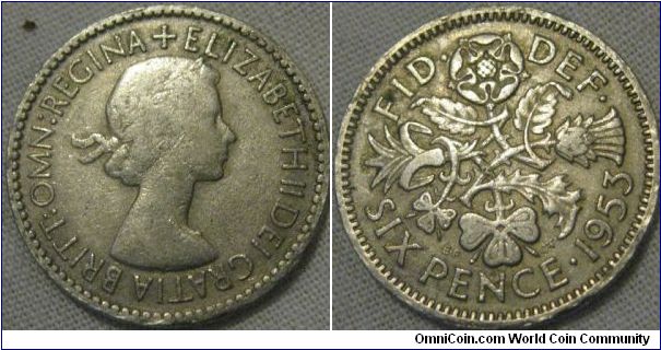 fine 1953 sixpence, first type with weaker portrait