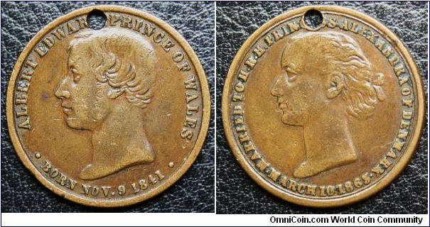 Prince of Wales Marriage Medal.  ALBERT EDWARD PRINCE OF WALES. BORN NOV. 9 1841.  Rev:  MARRIED TO H.R.H. PRINCESS ALEXANDRA OF DENMARK. MARCH 10 1863. BHM# 2779 24mm N.