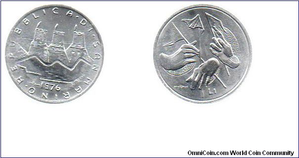 1976 1 Lira - Hands and flags, representing a pluralism of ideas and convictions that are tolerated in a free society.