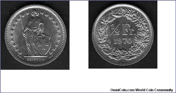 1/2 Francs

km# 23 a.1
==================
Coin alignment

1968-1981
==================