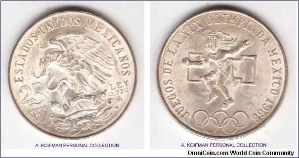 KM-479.1, 1968 Mexico 25 pesos; commemorative Olympic issue, type I with normal olympic rings level and straight tongue; lettered incused edge, average uncirculated but with the nice matte luster.