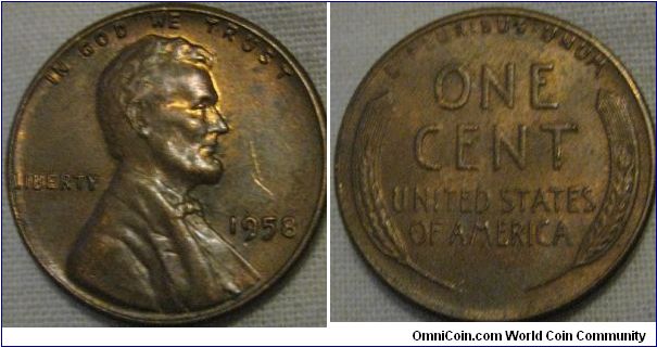 lustrous 1958 1 cent, gorgeous coin