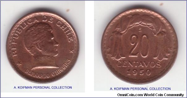 KM-177, 1950 Chile 20 centavos; unusual of this late in XX century coin is copper and not bronze, most likely due to abundance of copper in Chile; probably a very fine specimen; looks like the 5 in the date may have been re-cut