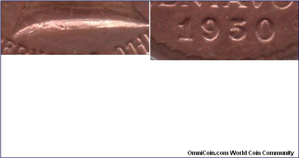 Details for the below CL50A; Left: faint traces of Thenot shown under O'Higgins bust truncation; Right: date where 5 appears to have been re-cut.