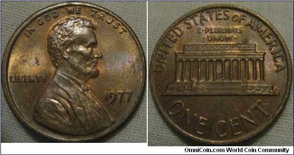 off centre 1977 1 cent, lustrous