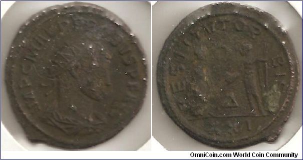 Probus, bronze antoninianus,  obverse IMP C M AVR PROBVS AVG, radiate, draped and cuirassed bust right; reverse RESTITVT ORBIS, female presenting wreath to Emperor holding globe and spear, triangle in center, 276-282