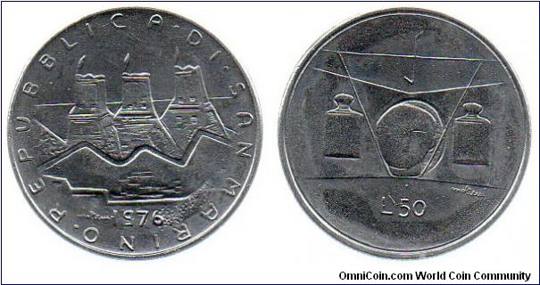 1976 50 Lire - Man's face in open book, scales of justice