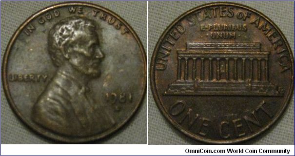 nice 1981 D cent with lustre traces